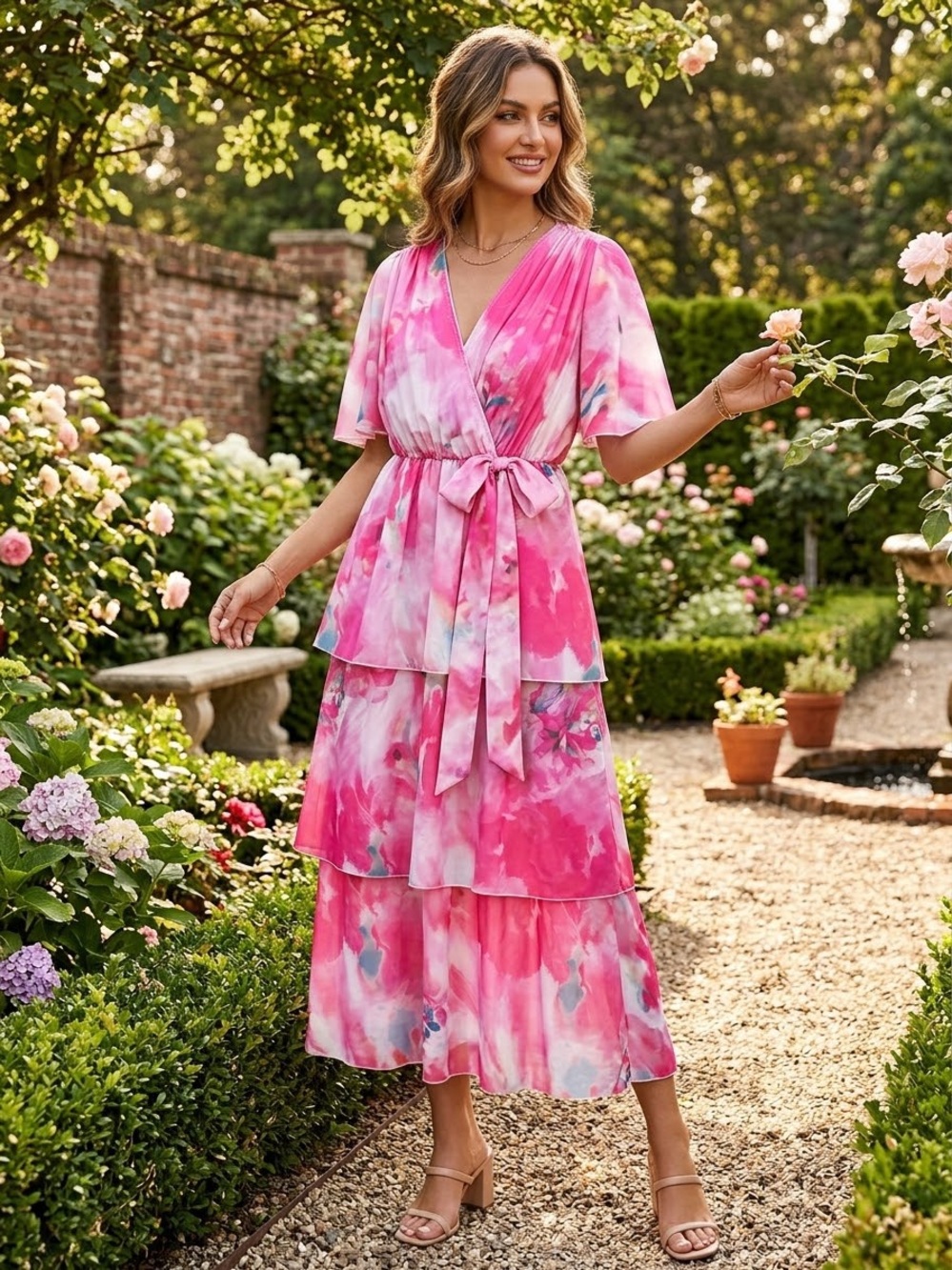 Pink Watercolor Floral Tiered Maxi Dress with Belt